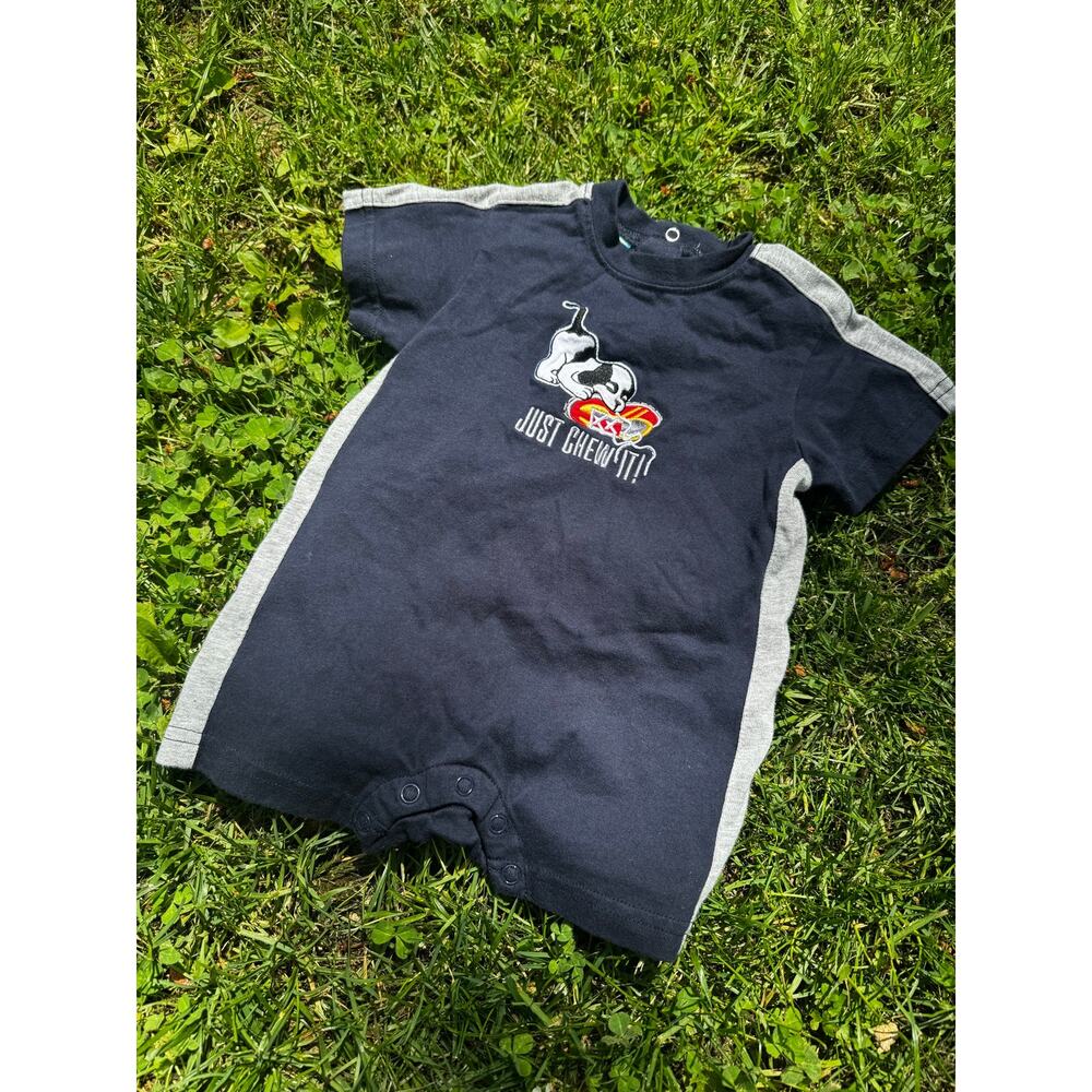 Vintage Little Big Dogs Navy Blue “Just Chew It” Romper Size 6-12 month